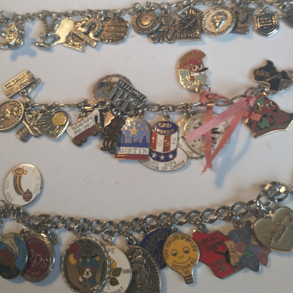 3 VERY VINTAGE "TOPS" BRAND CHARMS BRACELETS